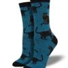 Black Cats (Blue) Women's Bamboo Crew -Trendy Socks Store socksmith womens bamboo crew black cat sock shack blue socks