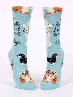People I Want To Meet: DOGS Women's Crew Socks -Trendy Socks Store women funny dog socks people meet dogs sock shack blue q socks front